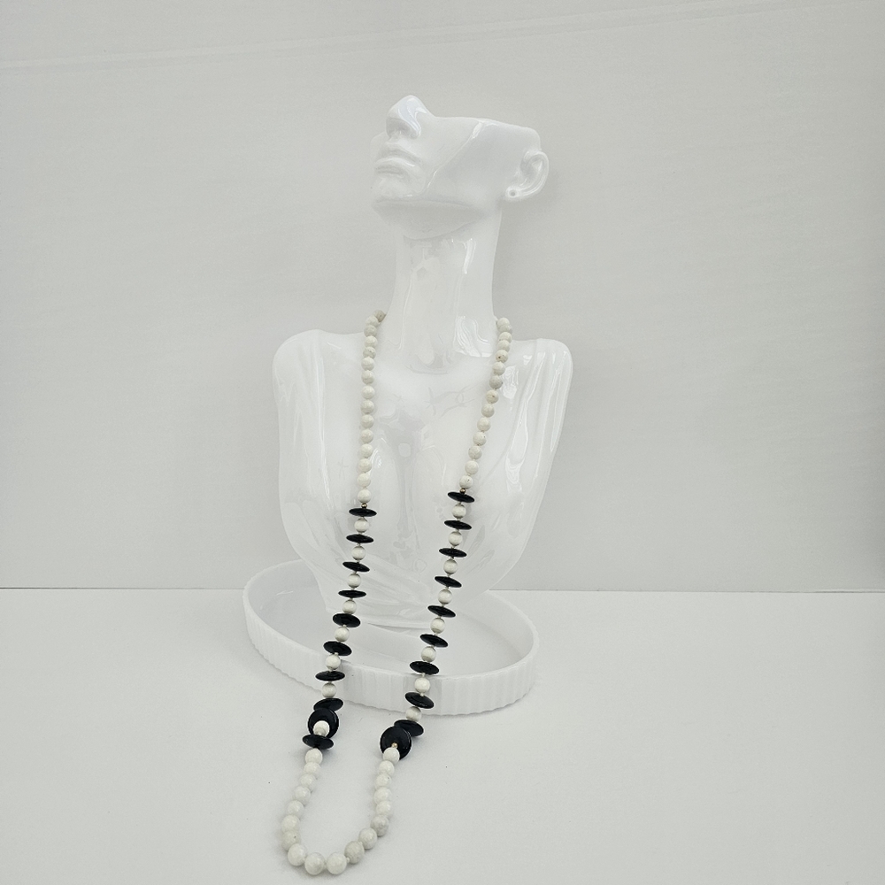 Vintage 1960s Mod Black & White Multi-Strand Necklace - Disc & Bead